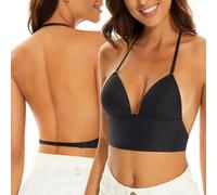 Zetopump Low Back Bras for Women-Seamless Bralette Wireless Triangle Invisable Backless Bra-Strappy Low Cut Open Back Multiway Halter Bra (Black, 38C)