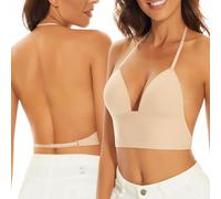 Zetopump Low Back Bras for Women-Seamless Bralette Wireless Triangle Invisable Backless Bra-Strappy Low Cut Open Back Multiway Halter Bra (Nude, 36C)