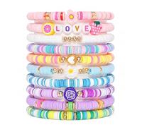 Zetrifoep 10Pcs Girls Bracelets, Adjustable Beaded Bracelets with Stretch String, Colorful Friendship Bracelets with Smile Face & Heart Charm, Cute Girls Party Bag Fillers for Kids, Teens and Adults