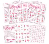 Zetrifoep 33Pcs Bow Bingo Cards Set, Pink Makeup Bingo Game Cards, 24 Players Card with Calling, Marking & Game Instructions Card, Valentine's Day & Girls Birthday Party Favors