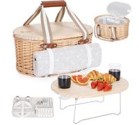 Zettfuly Picnic Basket Set for 2 - Wicker Insulated Picnic Basket with Waterproof Blanket, Folding Wine Picnic Table & Cutlery Kits, Picnic Baskets Kit for Camping, Outdoor, Valentine (White Flower)