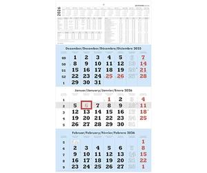 Zettler 3-Month Calendar Blue 2026 - Wall Calendar 33 × 59 cm with Date Slider, 3 Months per Sheet, Headboard 15 cm, W ounting, Holidays, Year Overview, FSC, Multilingual, Light Blue/White