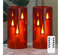 Zevanor 3 in 1 Flameless Taper Short Candles with 10 Key Remote Control and Timer, Battery Operated Pack of 2 LED Acrylic 7.5cm x15cm Red Pillar Flickering Warm Light