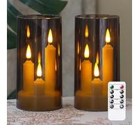 Zevanor 3 in 1 Flameless Taper Short Candles with 10 Key Remote Control and Timer, Battery Operated Pack of 2 LED Acrylic 7.5cm x15cm Grey Pillar Flickering Warm Light