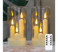 Zevanor 3 in 1 Flameless Taper Short Candles with 10 Key Remote Control and Timer, Battery Operated Pack of 2 LED Acrylic 7.5cm x15cm Ivory Pillar Flickering Warm Light