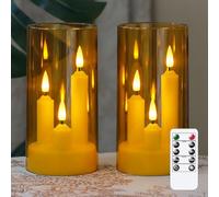 Zevanor 3 in 1 Flameless Taper Short Candles with 10 Key Remote Control and Timer, Battery Operated Pack of 2 LED Acrylic 7.5cm x15cm Gold Pillar Flickering Warm Light