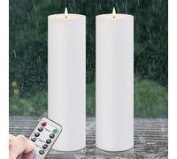 Zevanor 4" x 14" Flameless LED Waterproof Remote Pillar Candles, Timer Battery Operated Flickering Large Plastic White Outdoor Candles (Long Lasting 420 Hours, Pack of 2)