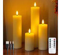 Zevanor Rechargeable Flameless Flickering Tall Wax Remote 5.5cm x10 15 20 25cm Ivory LED Candles, Timer Set of 4 Battery Operated Fake Pillar Candles(Included USB Charging Cable with 2 Ports)