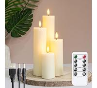 Zevanor Rechargeable Flameless Flickering Tall Wax Remote 5.5cm x10 15 20 25cm Ivory LED Candles, Timer Set of 4 Battery Operated Fake Pillar Candles(Included USB Charging Cable with 2 Ports)