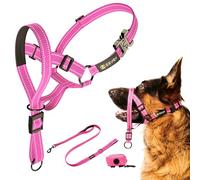 ZEVEY Dog Head Halter With Leash And Safety Strap Stops Heavy Pulling On The Padded Reflective Headcollar For Small Medium Large Dogs Adjustable Harness Training Walking (XL, Pink) (ZV500)