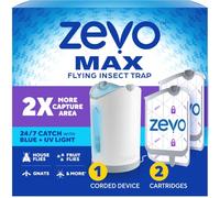 Zevo MAX Indoor Mosquito and Flycatcher - Flying Insect Trap for Mosquitoes, House and Fruit Flies - Use in Any Room - No-Mess Drain (1 Plug Base & 2 Cartridges)