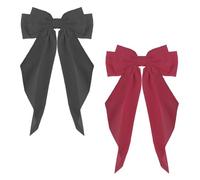 ZEVONDA 2 Pieces Big Bow Barrettes - Chiffon Hair Bow Clips French Bowknot with Long Tail Solid Color Bowknot Metal Hairpin Women Girl (Black+Rose Red)