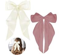 ZEVONDA Pack of 2 Big Bow Hair Clips - Solid Color Large Bowknot Hairpin Hair Clip with Long Silky Satin Tail Hair Barrettes Accessories for Girls Women, Milky White + Pink