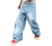 Zewool Mens Irregular Sutures Baggy Jeans Y2k Hip Hop Wide Leg Denim Pants Casual Fashion Trousers Streetwear Loose Fit Straight 2000s Relaxed Fit Sport Skater Jogging Skateboard,D Light Blue,S