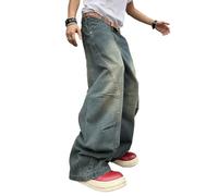 Zewool Mens Irregular Sutures Baggy Jeans Y2k Hip Hop Wide Leg Denim Pants Casual Fashion Trousers Streetwear Loose Fit Straight 2000s Relaxed Fit Sport Skater Jogging Skateboard,C Retro Blue,L