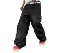 Zewool Mens Irregular Sutures Baggy Jeans Y2k Hip Hop Wide Leg Denim Pants Casual Fashion Trousers Streetwear Loose Fit Straight 2000s Relaxed Fit Sport Skater Jogging Skateboard,A Black,XS