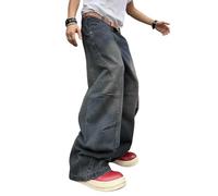 Zewool Mens Irregular Sutures Baggy Jeans Y2k Hip Hop Wide Leg Denim Pants Casual Fashion Trousers Streetwear Loose Fit Straight 2000s Relaxed Fit Sport Skater Jogging Skateboard,F Haze Blue,XS