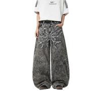 Zewool Men's Wide Leg Baggy Jeans with Patchwork Embroidery Pants | Spider Appliqué Embroidery, Loose Fit, Denim Baggy Pants, Vintage Distressed, Skater Streetwear, Relaxed Fit Trousers