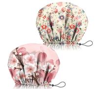 Zewurtuw 2 PCS Shower Cap Adjustable Reusable Double Waterproof Layer Elastic Hair Bath cap Cute Aesthetic for Women Girls-Flowers 2