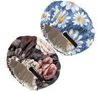 Zewurtuw 2PCS Satin Hair Bonnet Silk Bonnet for Sleeping Double Layer Reusable Elastic Adjustable Hair Caps Cute Women Girls-Rose Chrysanthemum