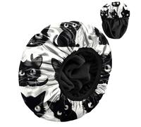 Zewurtuw Luxury Shower Cap Terry Cloth Lined EVA Waterproof Reusable Triple Layer Elastic Hair Bath Caps for Women Girls Cute-Black Cat