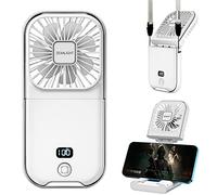 ZEXALIGHT Upgraded 5-in-1 Portable Handheld Fan, Necklace Fan, Mini Desk Fan, Foldable Phone Stand, Emergency Backup Power, Quiet USB Rechargeable Personal Fans with LED Digital Screen (White)