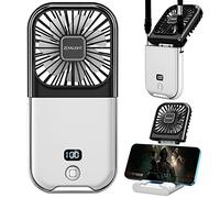 ZEXALIGHT Upgraded 5-in-1 Portable Handheld Fan, Necklace Fan, Mini Desk Fan, Foldable Phone Stand, Emergency Backup Power, Quiet USB Rechargeable Personal Fans with LED Digital Screen (Black & white)