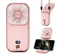 ZEXALIGHT USB Rechargeable Upgraded 5-in-1 Portable Handheld Fan, Necklace Fan, Mini Desk Fan, Foldable Phone Stand, 4 Speeds Airflow, Quiet Personal Fans with LED Digital Screen (Pink)