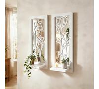 ZEXUIRU 2 Set Rustic Candle Sconces Living Room Bedroom Entryway Wood Mirrored, Farmhouse, Carved Frame Wall-Mount Wooden Candle Holders Wall Decor Hanging Handmade Holder - Distressed White