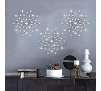 ZEXUIRU 3 Set Silver Metal Jeweled Wall Art Bling Crystal Home Décor Sun Burst Rhinestone Wall Hanging Diamond Accents
