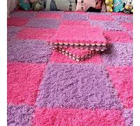 Zeyeo Thickened Plush Foam Interlocking Floor Carpet Mats, 24pcs 12x12in Square Puzzle Tiles With Edgings, Soft Anti-Slip Shaggy Area Rug Playmat (Pink+purple)
