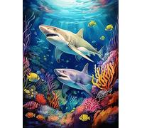 Zeyevan 5D Diamond Painting Kits for Adults Sharks, DIY Diamond Art Kits Animal Round Rhinestone Cross Stitch Embroidery for Bedroom Living Room Office 30x40cm