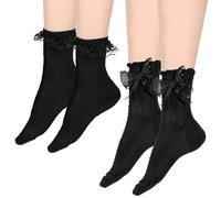ZEYIYER 2Pairs Lace Ruffle Socks for Women, Cute Black Lace Frilly Crew Socks, Soft Ruffle Sock for Princess, Lolita, Costume, Halloween, Daily (Lace+Bow)