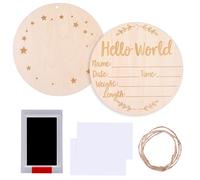 ZEYIYER Baby Announcement Plaque, 5.9 Inch Round Hello World Sign, Baby Name and Birth Plaques with Marker Pen and Ink Pad, Wooden Newborn Sign for Baby Hand and Footprints