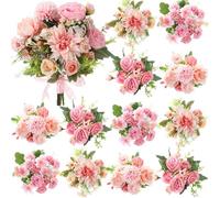 Zeyune 12pcs Artificial Flowers Large Peonies Artificial Silk Hydrangea Flowers Fake Dahlia Rose Bouquet for Wedding Centerpiece Table Party Engagement Bridal Marriage Home Decoration(Blush Pink)