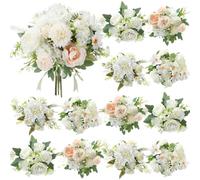 Zeyune 12pcs Artificial Flowers Large Peonies Artificial Silk Hydrangea Flowers Fake Dahlia Rose Bouquet for Wedding Centerpiece Table Party Engagement Bridal Marriage Home Decoration (Cream White)