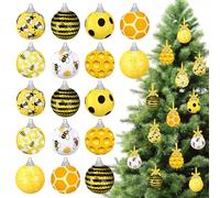 Zeyune 16 Pcs Christmas Tree Hanging Ornaments Bee Themed Ball Ornaments for Tree Mini Honeycomb Hanging Decoration Bee Decor Balls for Christmas Holiday Party Favors