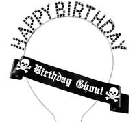 Zeyune 2 Pcs Halloween Birthday Party Decorations Goth Birthday Ghoul Sash with Headband for Girl Women Goth Spooky Emo Horror Party Decor Accessories Halloween Vampire Decorations(Silver,Skull)