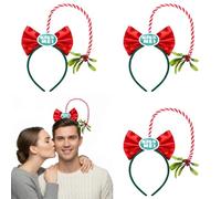 Zeyune 3 Pcs Mistletoe Headband Costume for Christmas Kiss Under The Mistletoe Hair Accessory White Elephant Gift Red and White Striped with Bow Headpiece for Xmas Holiday Party Gift