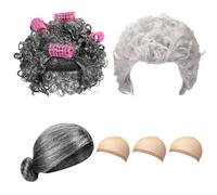 Zeyune 3 Sets Old Lady Costume Set Old Lady Wigs Costume for Women Grandma Wig Cap Hair Rollers Funny Granny Accessories for Carnival 100th Day of School