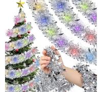 Zeyune 33 Feet Christmas Tinsel Garland Tree Decorations Glitter Metallic Twist with 100 LED Lights Battery Hanging Tree Garland for Xmas Wedding Party Outdoor Decorations(Silver, Classic)