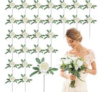 Zeyune 50 Pcs Wedding Artificial Peonies 4 Inch Fake Silk Peony Faux Peonies Artificial Flowers Bulk Flowers Heads with Stems and Green Leaves for Vintage Wedding Home Office Decorations (White)