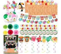 Zeyune 58 Pcs Hawaii Car Decoration Kit Hawaiian Luau Party Decoration Including 9 ft Luau Grass Table Skirt Tropical Flower Garlands Hanging Banners Swirls Balloons Aloha Plates