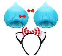 Zeyune 5pcs Blue Funny Hair Wigs, Cat Ears Headband with Striped Bows, Red Bows for Reading Week Halloween Costume Cosplay