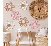 Zeyune 6 Pcs Boho Daisy Flower Wall Art Decor Boho Daisy Floral Nursery Art Decor Woven Macrame Wall Hanging for Home Indoor Decorations(Classic Color,Yarn and Cotton Rope)