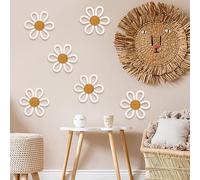 Zeyune 6 Pcs Boho Nursery Daisy Flower Wall Art Decor Woven Macrame Wall Pediments Boho Daisy Floral Nursery Art Decor for Home Bedroom Decorations(White,Yarn and Cotton Rope)