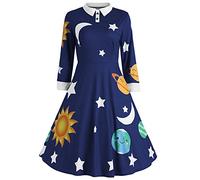 ZEZCLO Women's Long Sleeve Peter Pan Collar A-line Dress Halloween Costume Vintage Solar System Fit and Flare Dresses, Dark Blue, Small