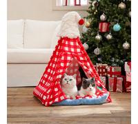 ZEZE Red Plaid Hat Pet Tent, Semi-Enclosed Removable Washable, Fluffy Soft Thick, for Cats Dogs, Fits Up to 10kg