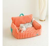 ZEZE Salmon Stripe Plush Pet Bed for Cats Dogs, Enclosed Design for Security, Removable Washable, Fits Up to 15kg