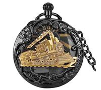 ZEZEFUFU Railroad Train Quartz Pocket Watch, Musical Movement Music Box Analog Watch Fob Watches with Chain